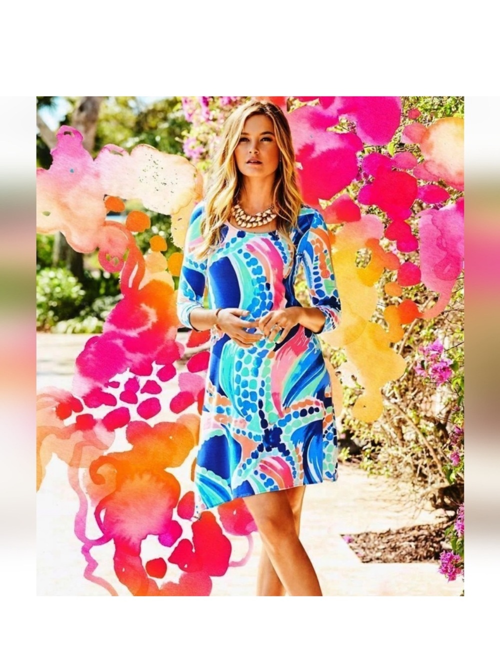 Lilly Pulitzer Ariana Asymmetric Stretch 3/4 Sleeve Dress Multi Ocean Jewels